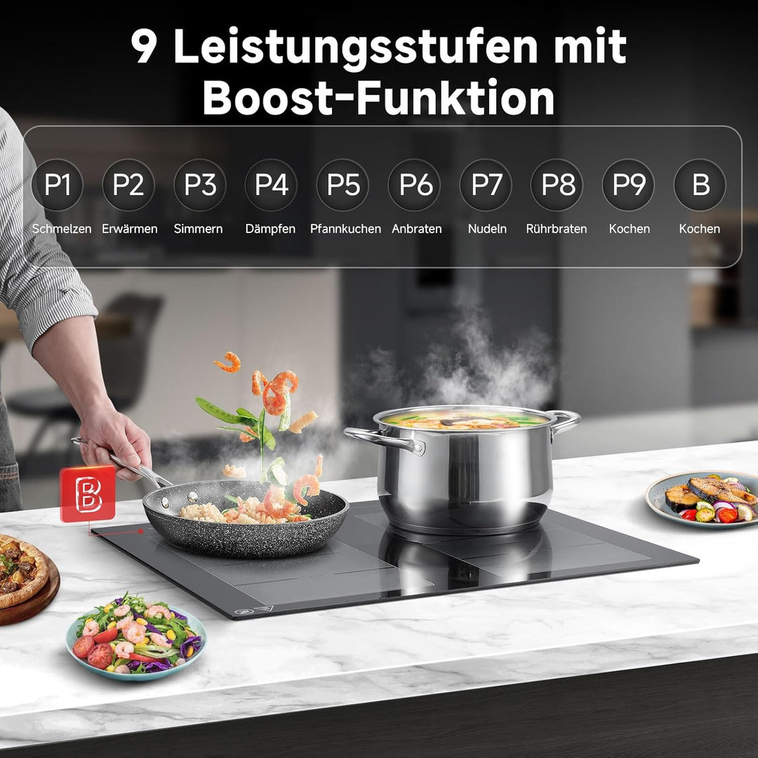 AMZCHEF Induktionskochfeld 60cm mit 2 Flexzonen, 4 Zonen Induktionskochplatte mit leisem Betrieb, 9