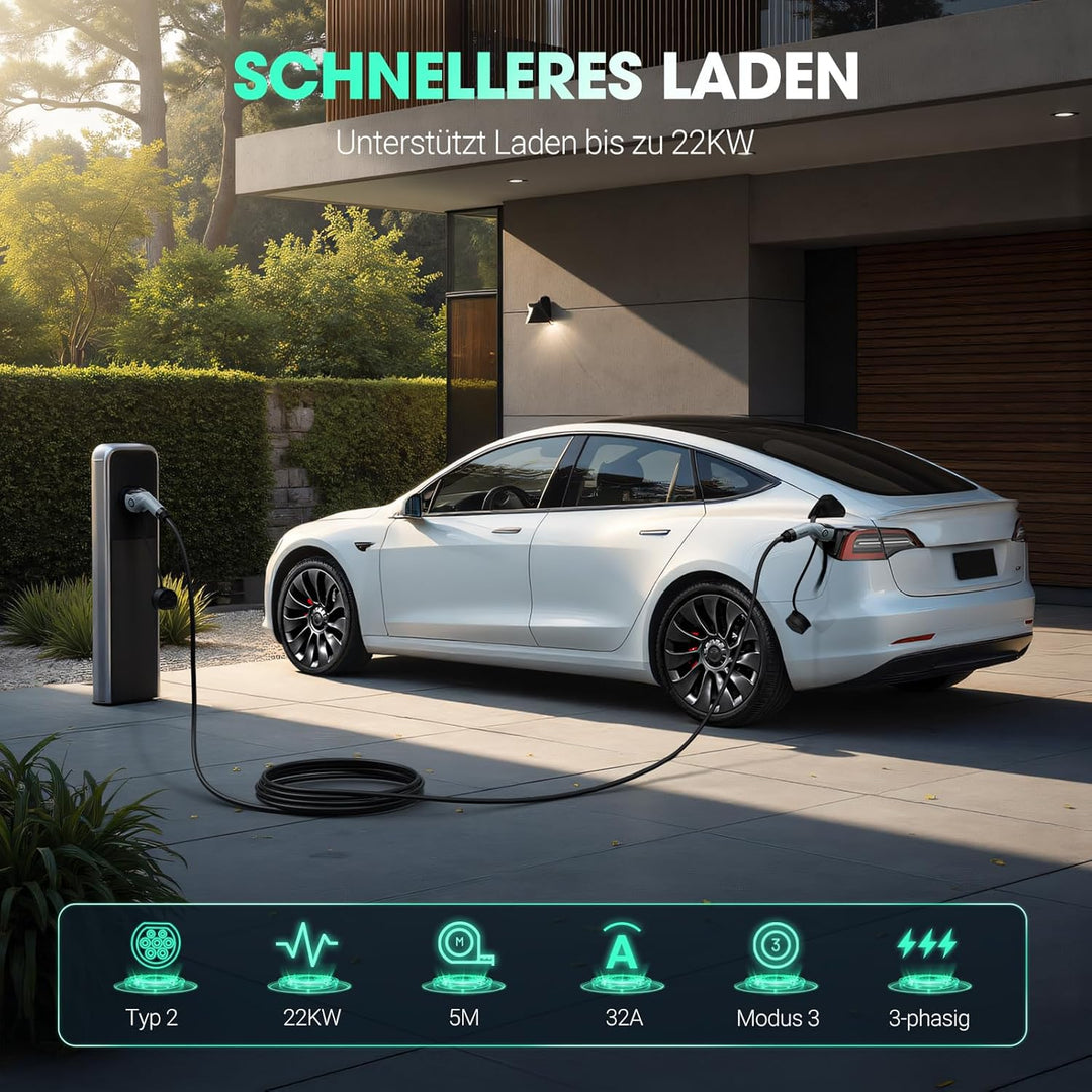 Typ-2-Ladekabel, 22KW 5M 32A Dreiphasiges E-Auto-Ladekabel Typ 2 auf Typ 2 Mode 3 für Elektro- und H