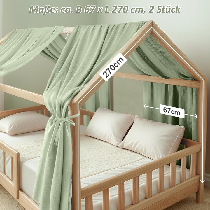 Hausbett Himmel Deko Set, Betthimmel Hausbett aus Musselin - 2 Betthimmel & 1 Wimpelkette, für Junge