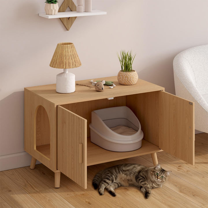 IDMarket - Katzenklo Juliette mit Doppeltüren und Holzleisten, eichenfarbig