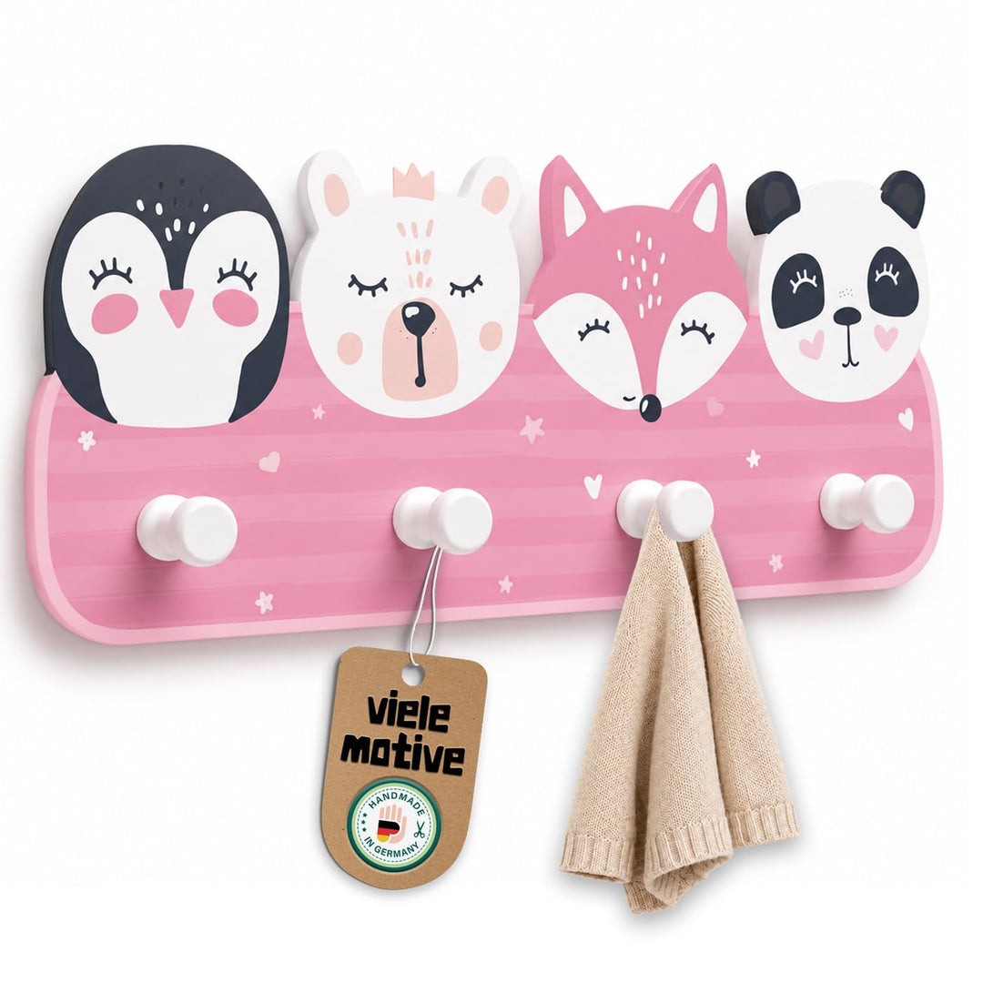 Kindergarderobe mit 4 Haken - Wandgarderobe mit Tiermotiven für Kinderzimmer Garderobenhaken aus Hol