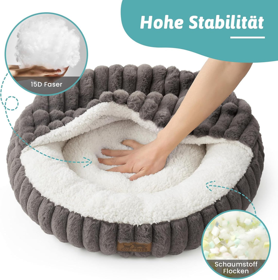COZY KISS Katzenbett mit Decke 58x58x15cm - Flauschige Katzenhöhle - Kissen, Runde kleine Hundebett