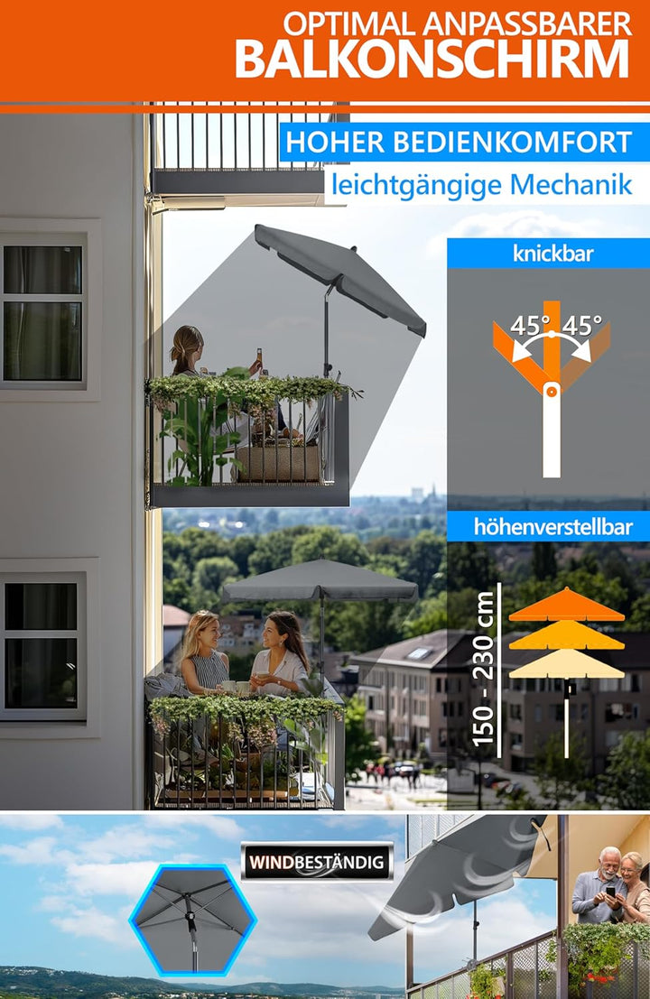 4smile Sonnenschirm Balkon SunnyShade, 200 x 125 cm, UPF 50+ Sonnenschirm rechteckig als Sonnenschut