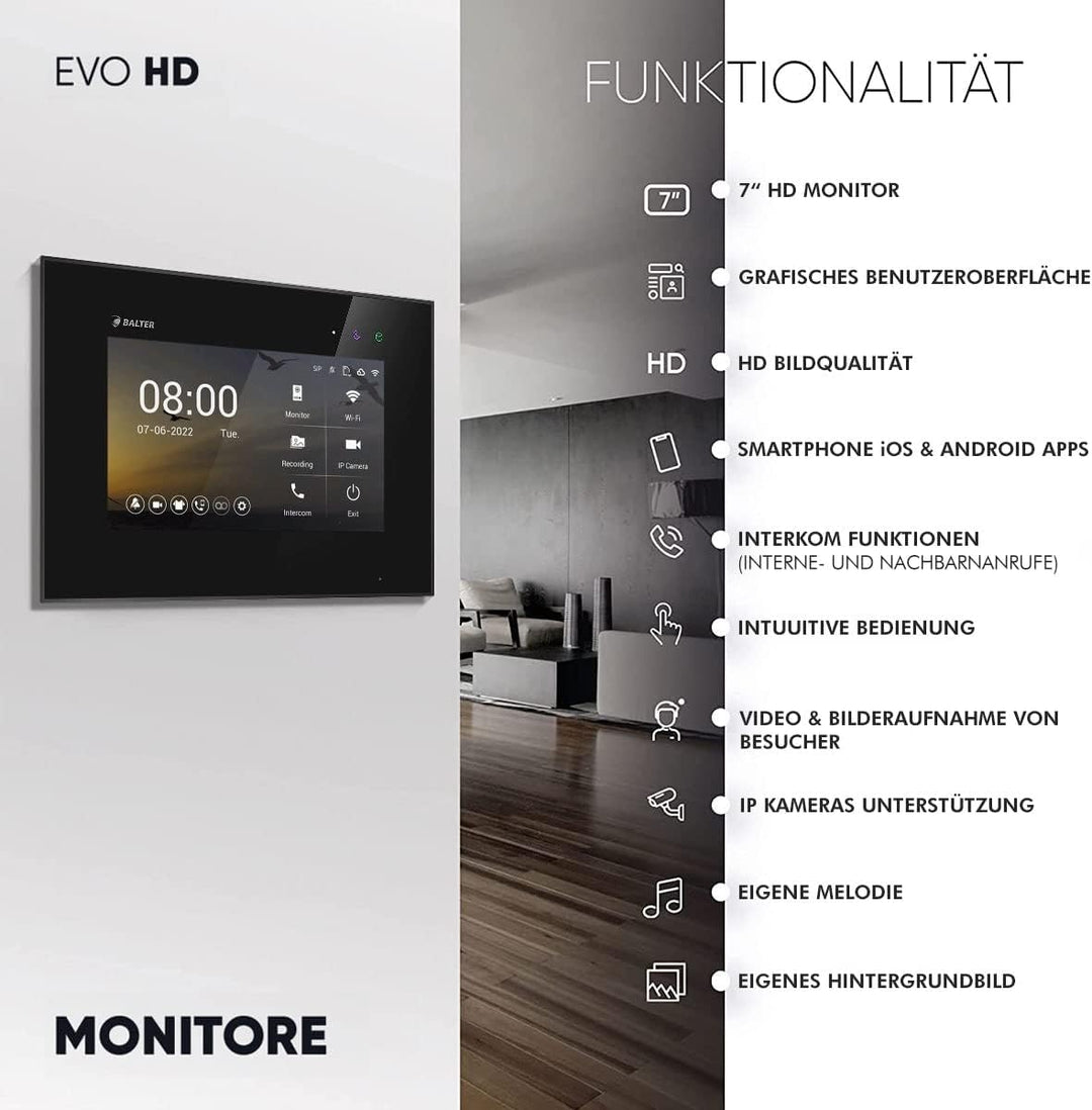 Balter EVO HD Schwarz/Schwarz WiFi Video Türsprechanlage Set für 1 Familienhaus - 1x Türstation mit