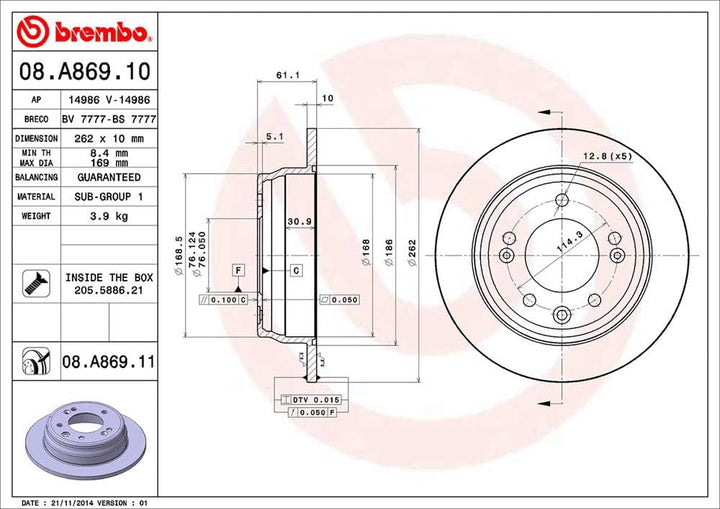 Brembo 08.A869.11 Hintere Bremsscheibe mit UV Lackierung, Anzahl 2
