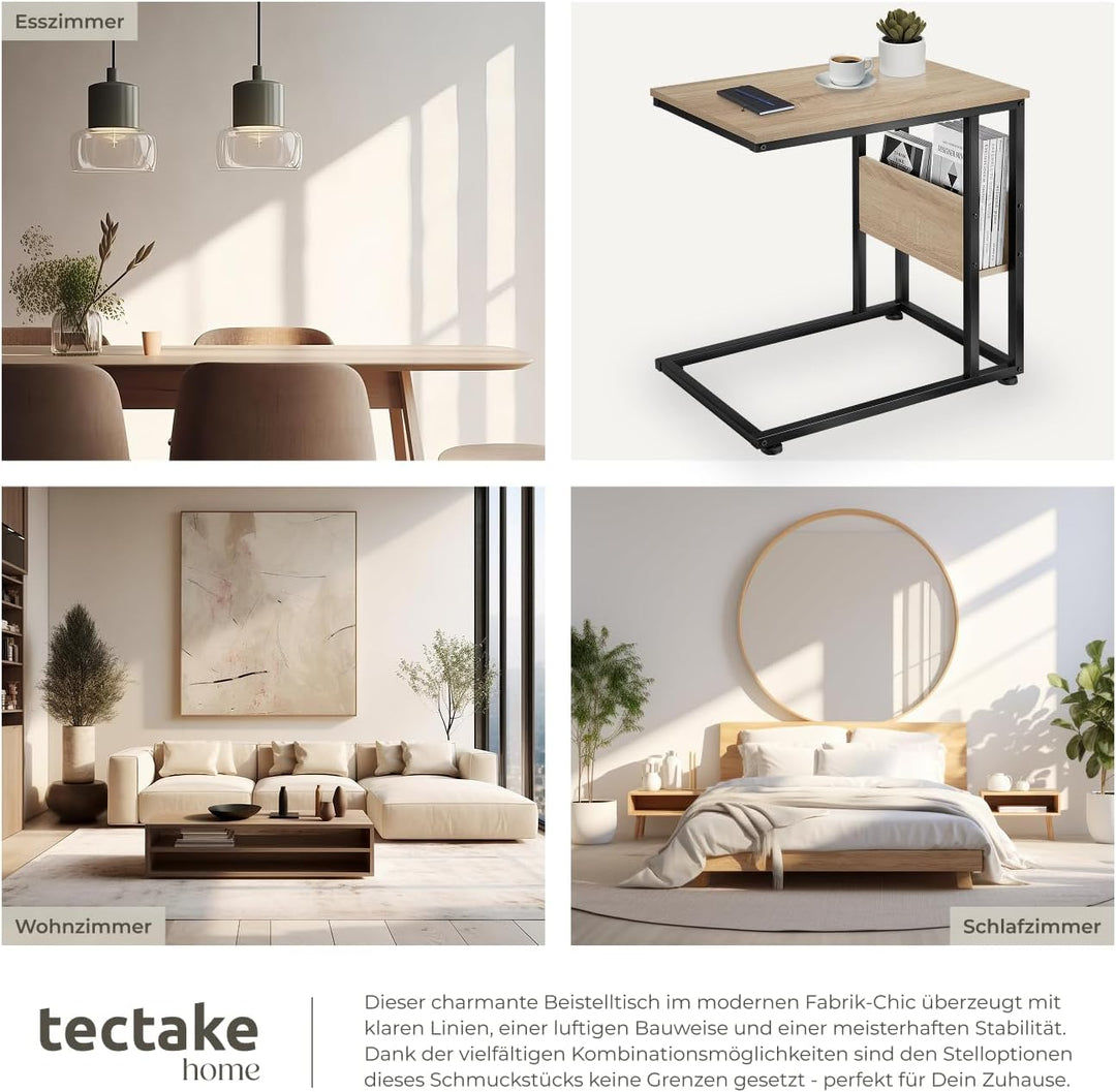 tectake® Beistelltisch Holz Metall, Wohnzimmertisch, Couchtisch C-Form, Laptoptisch für Couch, Bettt