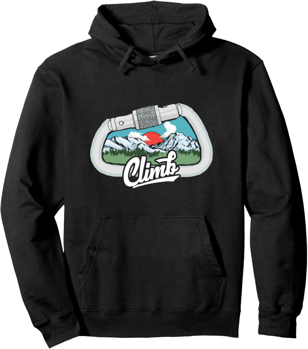 Sweet Retro Rock Climbing Mountain Scene & Carabiner Graphic Pullover Hoodie