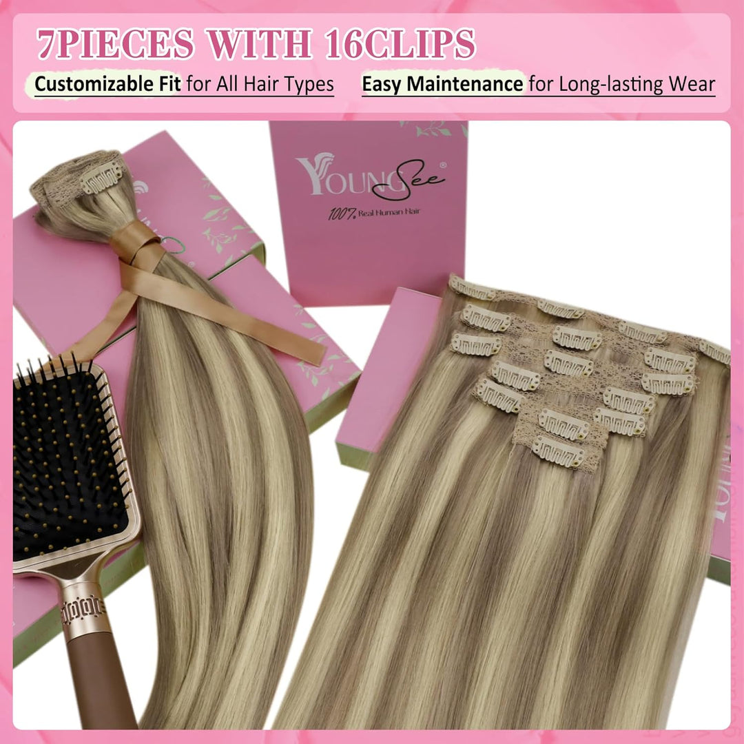 YoungSee Clip in Extensions Echthaar Hellbraun Clip in Extensions Braun Blond Echthaar Extensions Cl