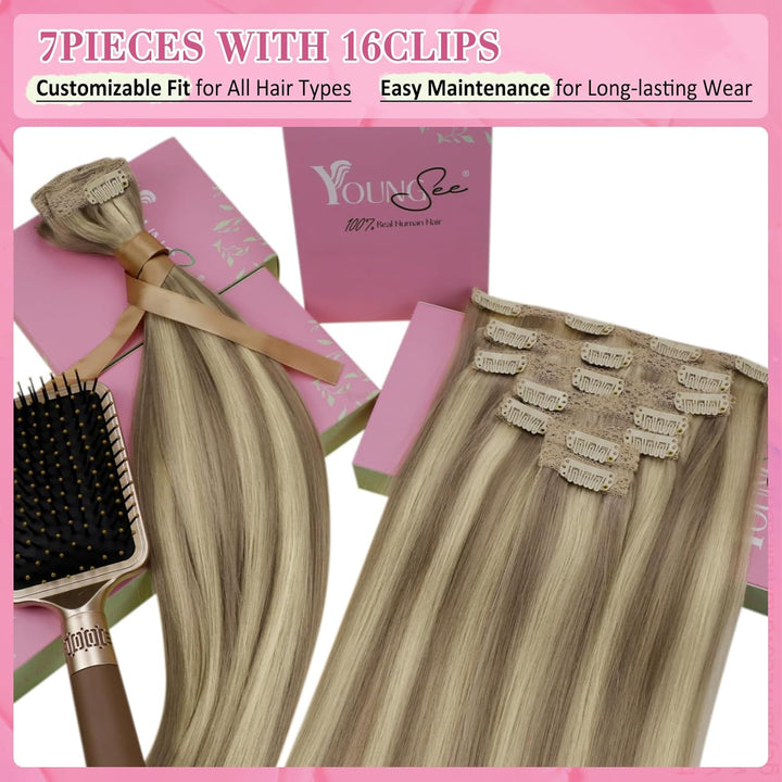 YoungSee Clip in Extensions Echthaar Hellbraun Clip in Extensions Braun Blond Echthaar Extensions Cl