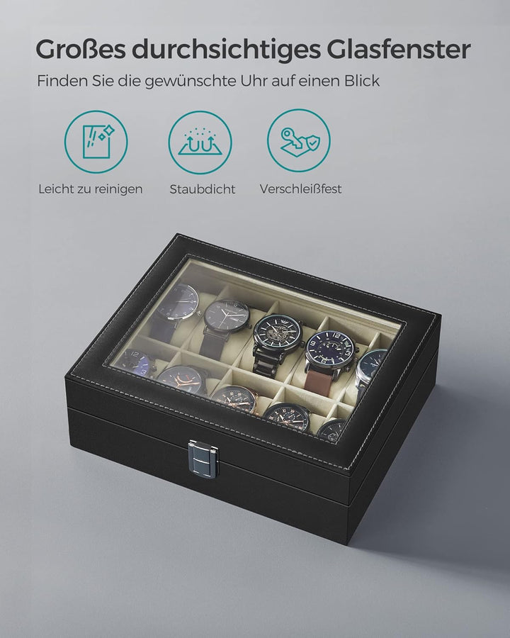 SONGMICS Uhrenbox mit 10 Fächern, Uhrenkasten, Glasdeckel, Uhrenkoffer, herausnehmbare Uhrenkissen,