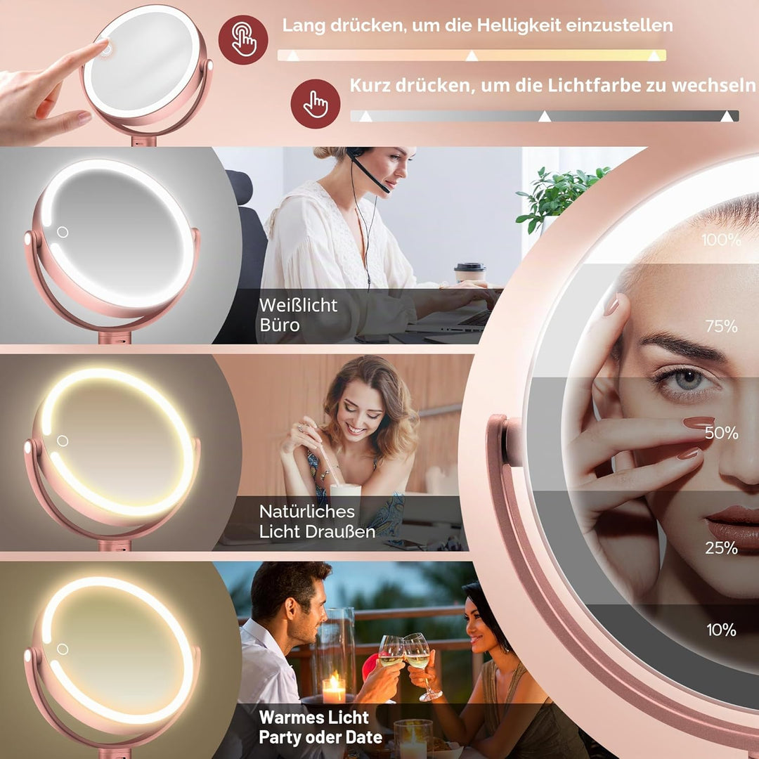 B Beauty Planet Beleuchteter Makeup Spiegel 30X Vergrösserungsspiegel mit 3 Farblicht, dimmbare LED