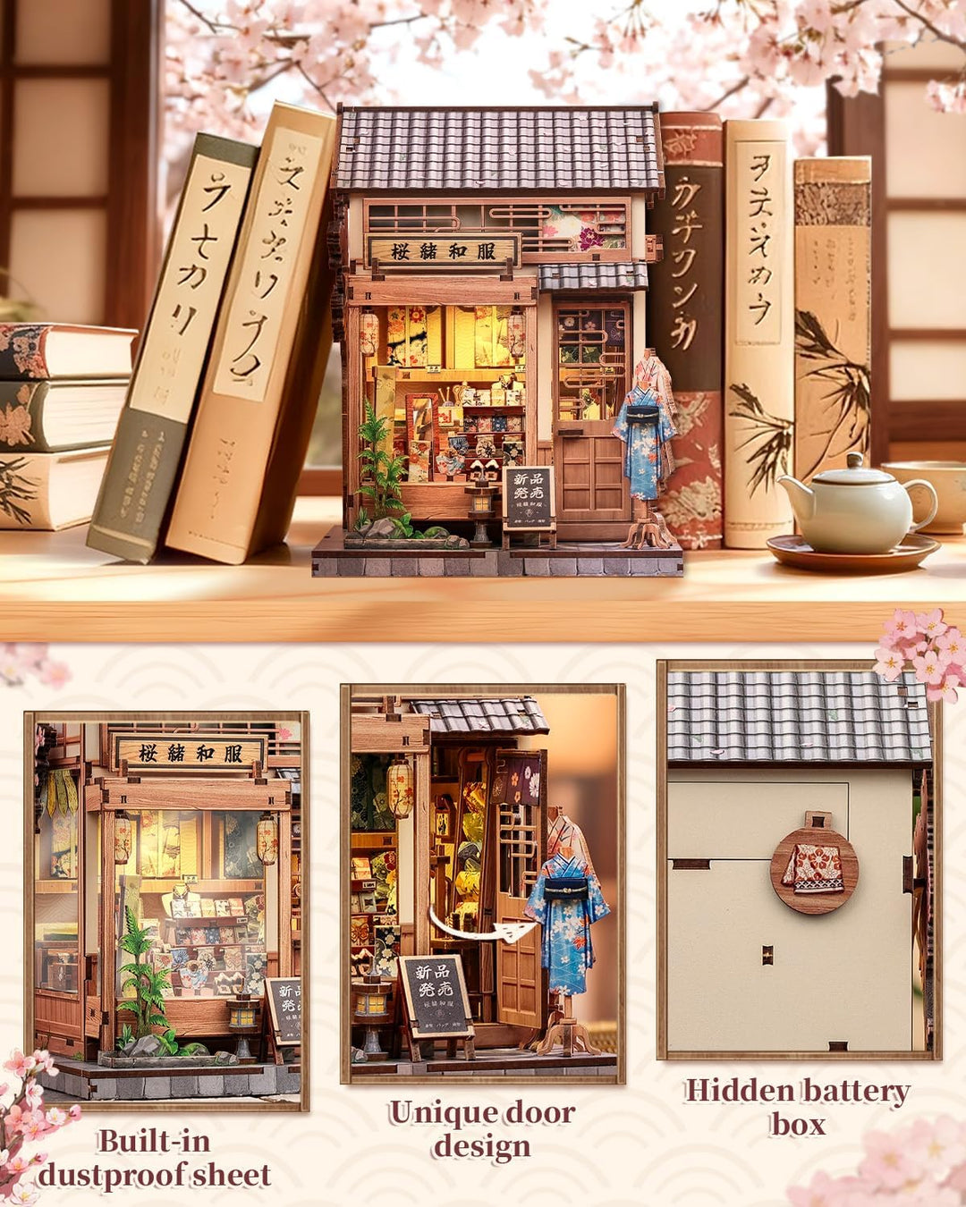 CUTEBEE Book Nook - 3D Puzzle im Japanischen Stil DIY Puppenhaus-Set, Bücherregal-Dekoration, Famili