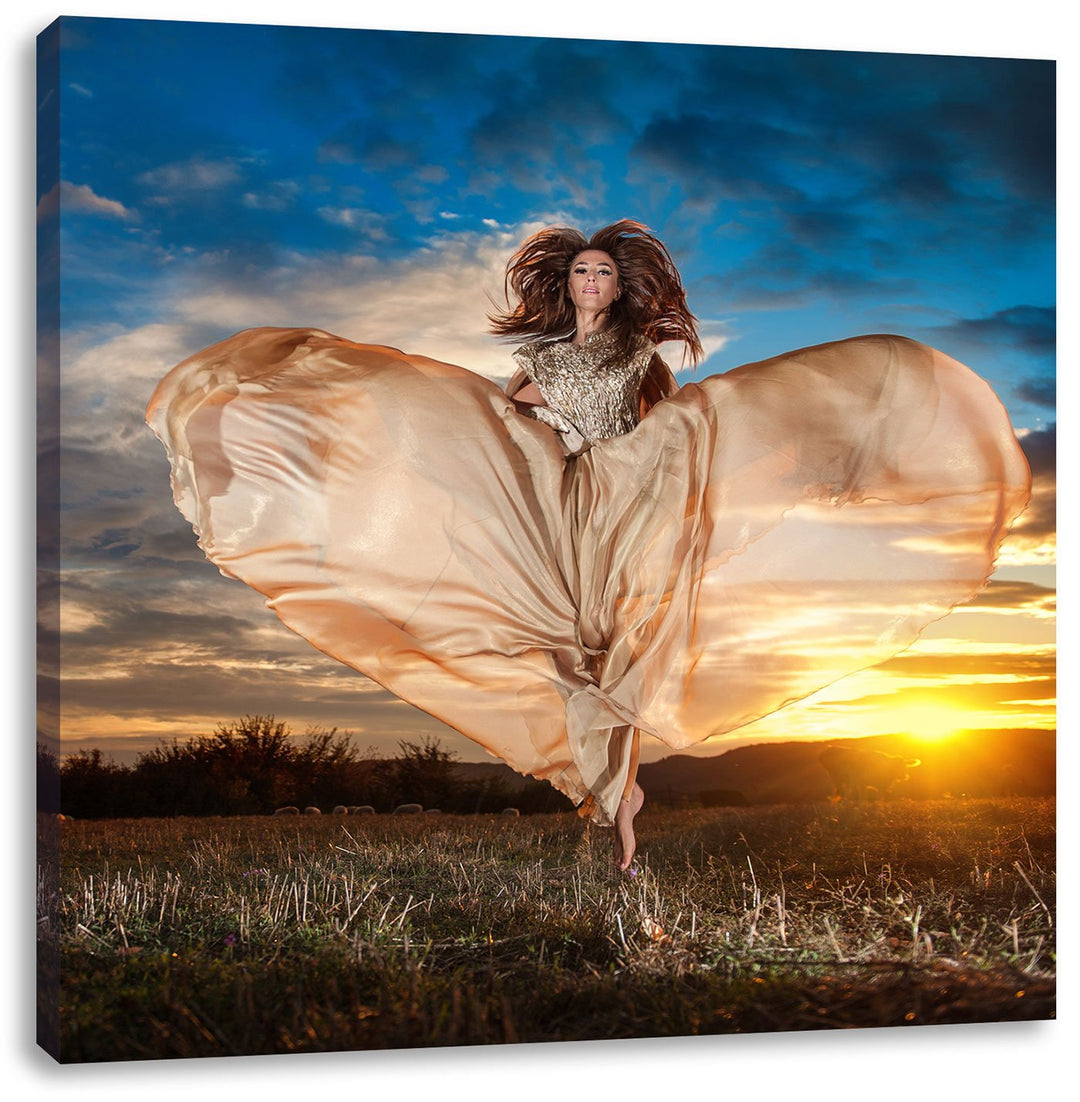 Pixxprint Frau mit Kleid bei Sonnenuntergang als Leinwandbild/Grösse: 70x70 cm/Wandbild/Kunstdruck/f