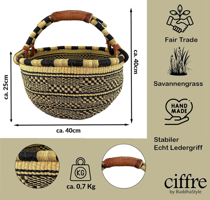 Grosser Bolga Rundkorb Ø 40 x 40 cm – Original aus Ghana – Handgefertigt – Fair Trade – Einkaufskorb