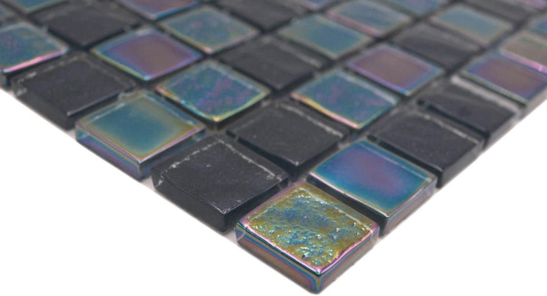 Mosaikfliese Glasmosaik small flip flop irisierend schwarz saphirblau mehrfarbig Küchenrückwand Dusc