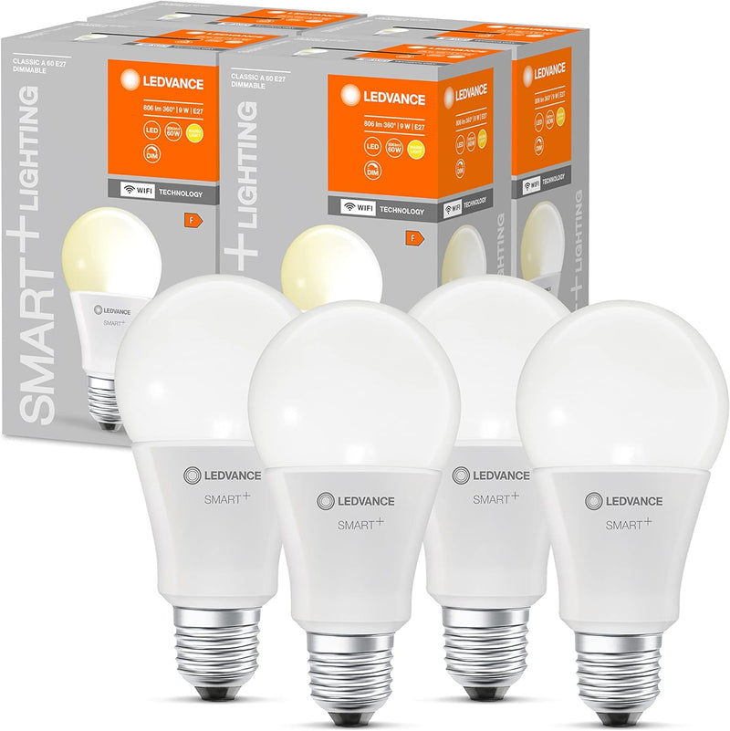 LEDVANCE Smarte LED-Lampe mit WiFi Technologie, Sockel E27, Dimmbar, Warmweiss (2700 K), ersetzt Glü