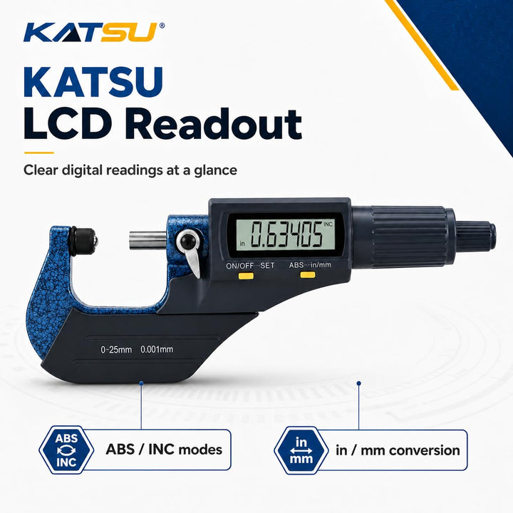 KATSU Digital-Mikrometer 0–25 mm (1 Zoll), elektronisches Aussenmikrometer mit grossem LCD-Display u