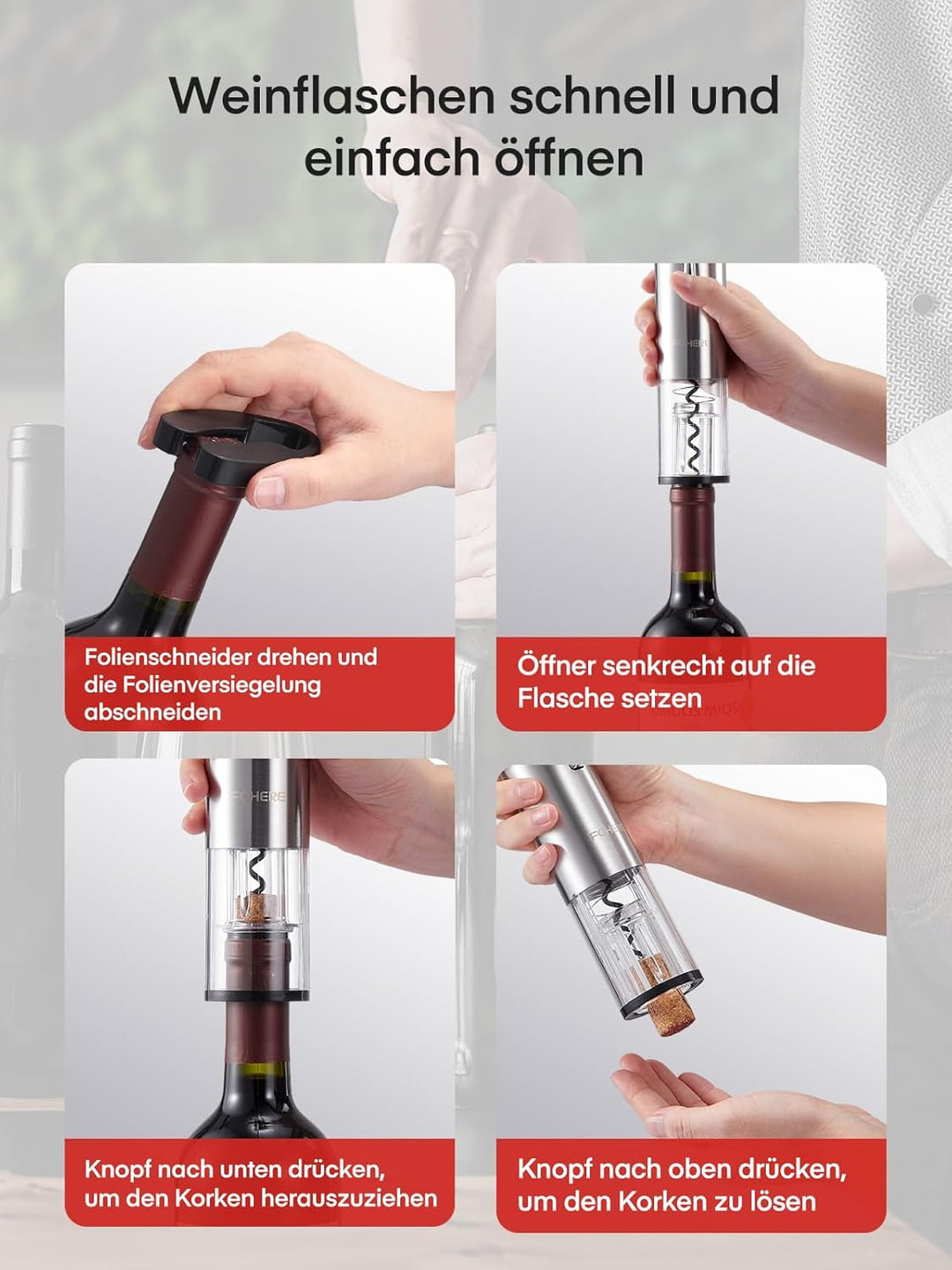 FOHERE Korkenzieher Elektrisch, mit Folienschneider, Ausgiesser, Vakuumpumpe, und Ladestation, Kabel