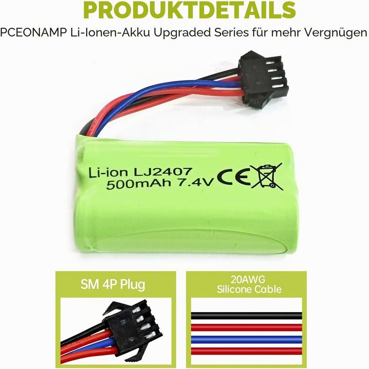 2PCS 7.4V 500mAh SM-4P Plug Lithium Akku für EC16 DE85 RC Boot/Schiffsmodell/Automodell