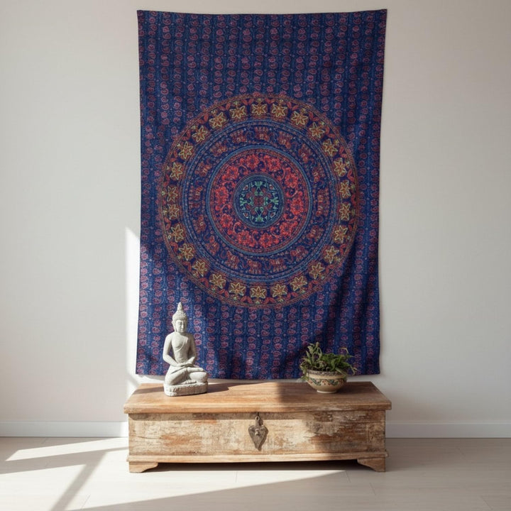 GURU SHOP Indisches Mandala Tuch, Wandtuch, Tagesdecke Mandala Druck 220x150 cm - Blau/rot, Blau/Rot