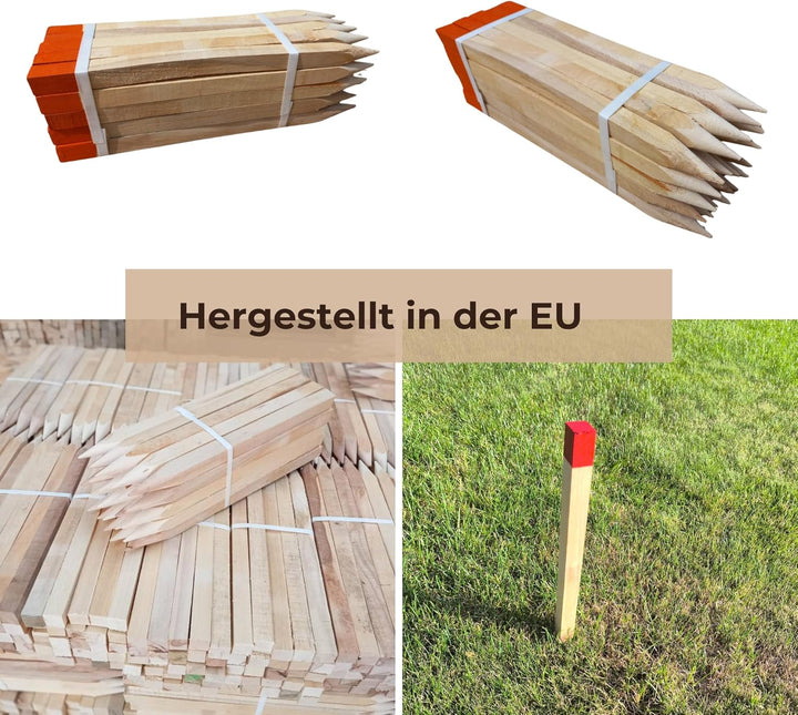 50 Stück Holzpfähle aus Buche Orange Lackierter Spitze Quadratisch Längen 80 cm Markierungspfosten H