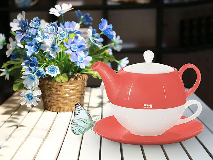 Tea for One mit Sieb Lena 500ml aus Crystal Bone China Porzellan in coralrot. Teekanne + Teetasse +