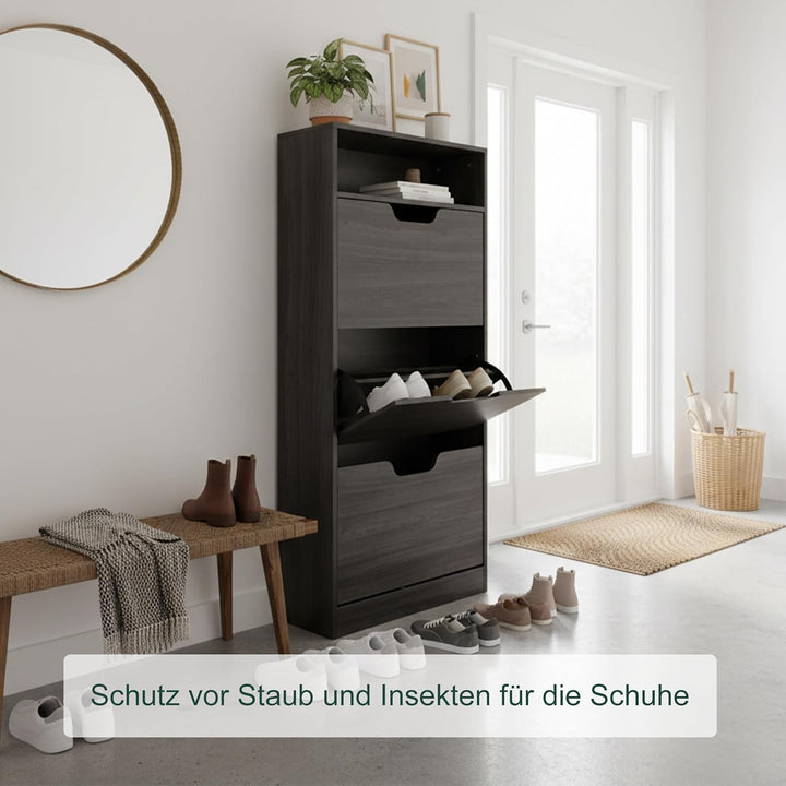 Relaxdays Schuhschrank mit Ablage, HBT 140x60x24 cm, für 14 Paar, 3 Klappen, Flur, schmaler Schuhkip