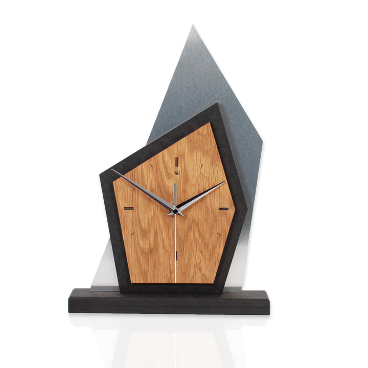 Kreative Feder Designer-Standuhr „Mountain Range“ aus Holz - Tischuhr in modernem Metallic-Look schw