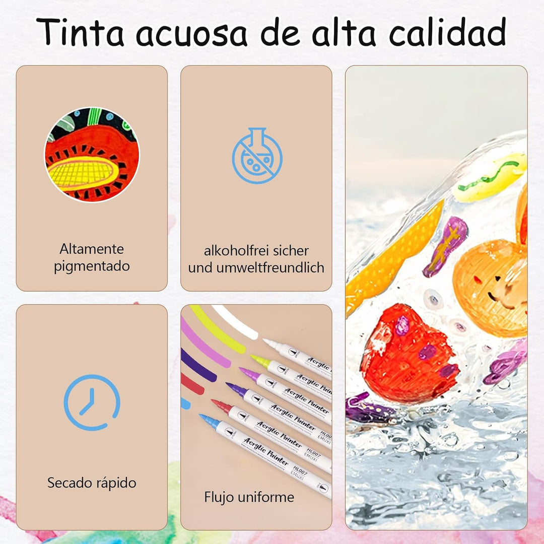 60 Farben Acrylstifte Set mit Doppelspitze (Feiner Spitze und Pinsel), Acrylstifte für Steine Wasser