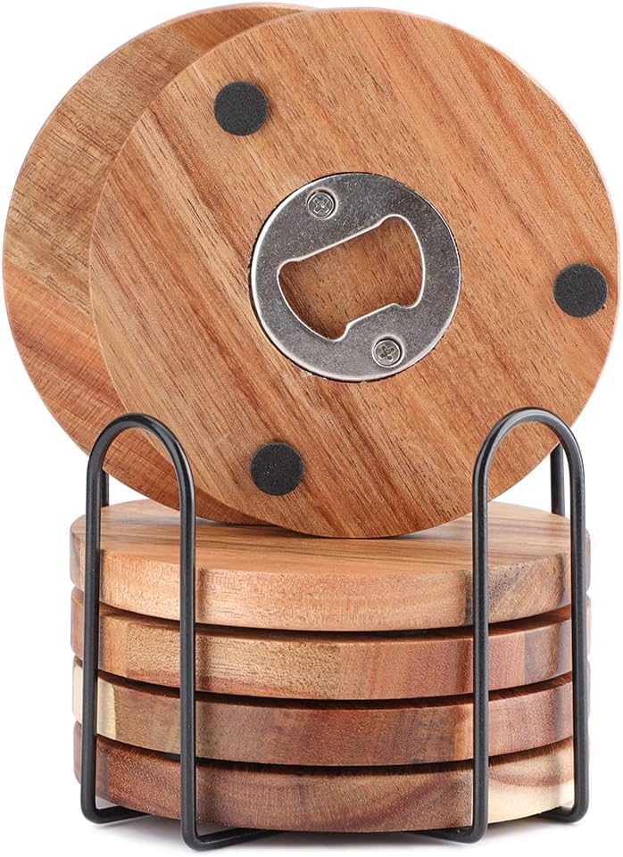 Untersetzer Gläser Holz 6er Set, Glasuntersetzer Holz mit Flaschenöffner, Bierdeckel Untersetzer run