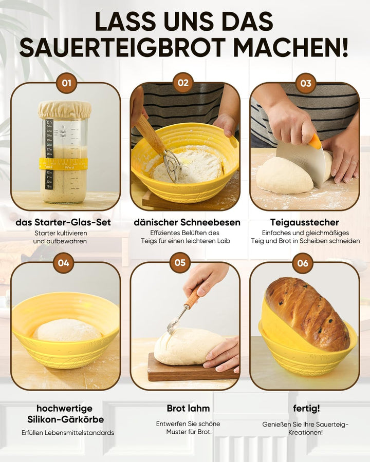 Gärkörbchen - 2 Gärkorb Set aus Silikon Oval und Rund,32 OZ Sauerteig Starter Set Gelb, Gelb