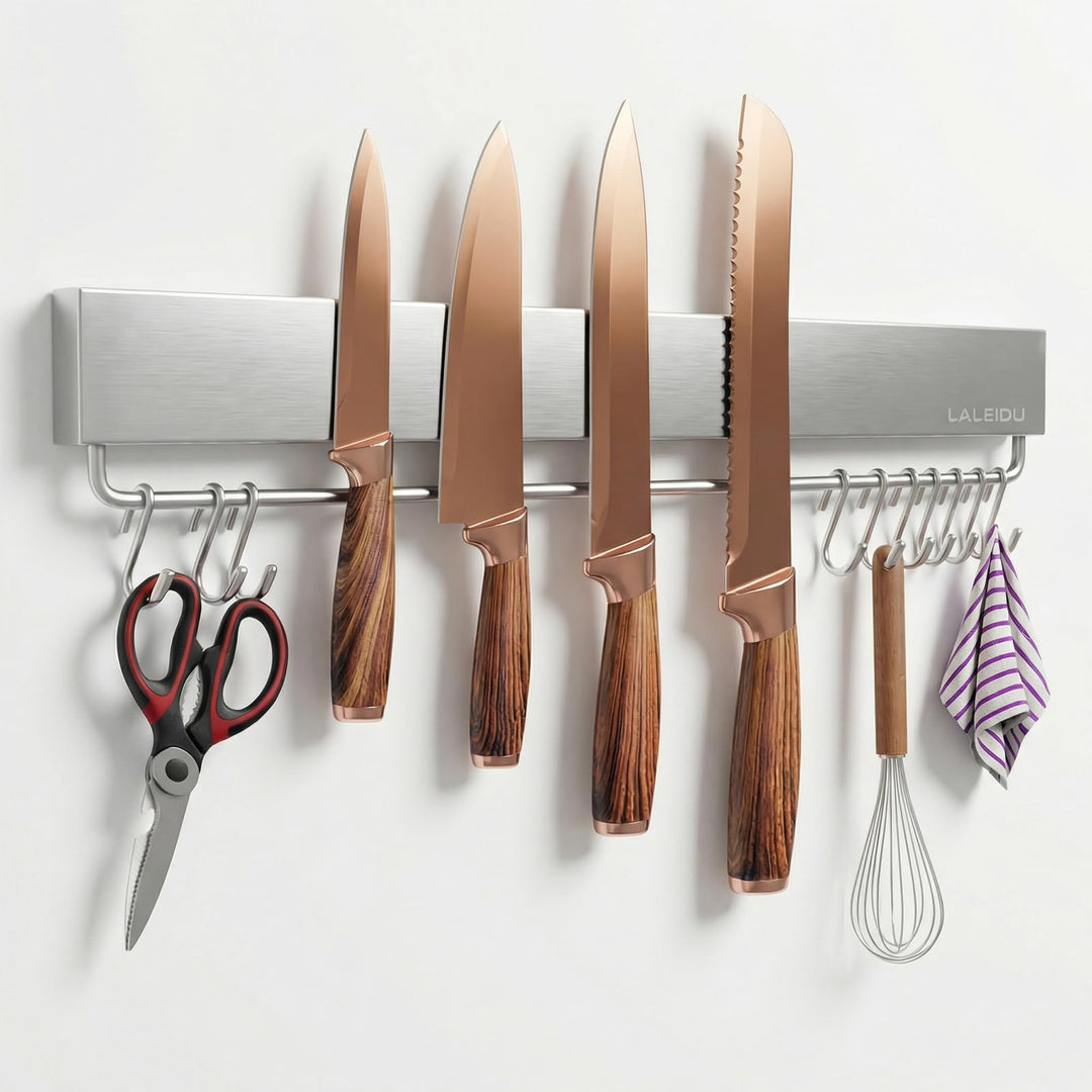 Magnetleiste Messer 43cm- Starker Magnetischer Messerhalter mit 10 Haken- Edelstahl Magnetleiste zum