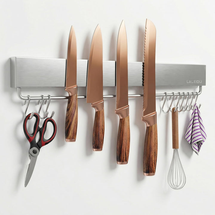 Magnetleiste Messer 43cm- Starker Magnetischer Messerhalter mit 10 Haken- Edelstahl Magnetleiste zum