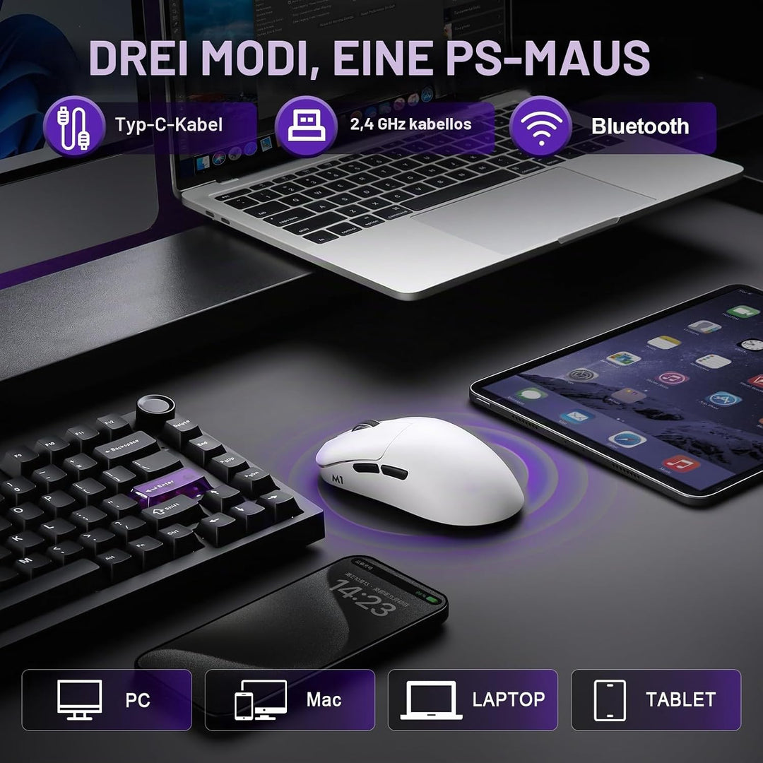 YUNZII M1 Kabellose Gaming-Maus, BT/2.4G Wireless/Wired Ultralight Mouse, PAW3311-Sensor 10000 DPI,