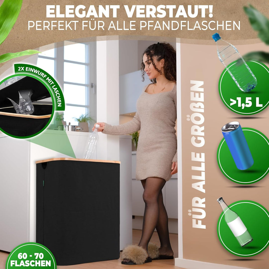 COTTARA® Pfandflaschen Sammelbehälter 2 Fächer | Pfandbehälter mit Deckel und 2x Tragetasche | Ideal