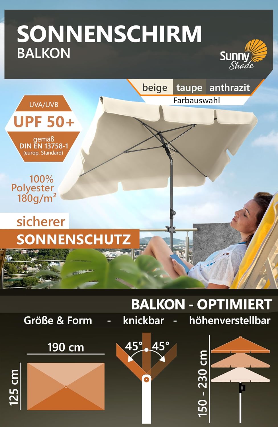 4smile Sonnenschirm Balkon SunnyShade, Beige - 3-in-1 SET Sonnenschutz Balkon - UPF 50+ Sonnenschirm