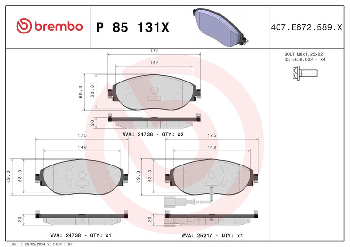 BREMBO Bremsbeläge Vorne (P 85 131X) passend für VW Passat B8 Golf VII CC T-Roc Cc B6 B