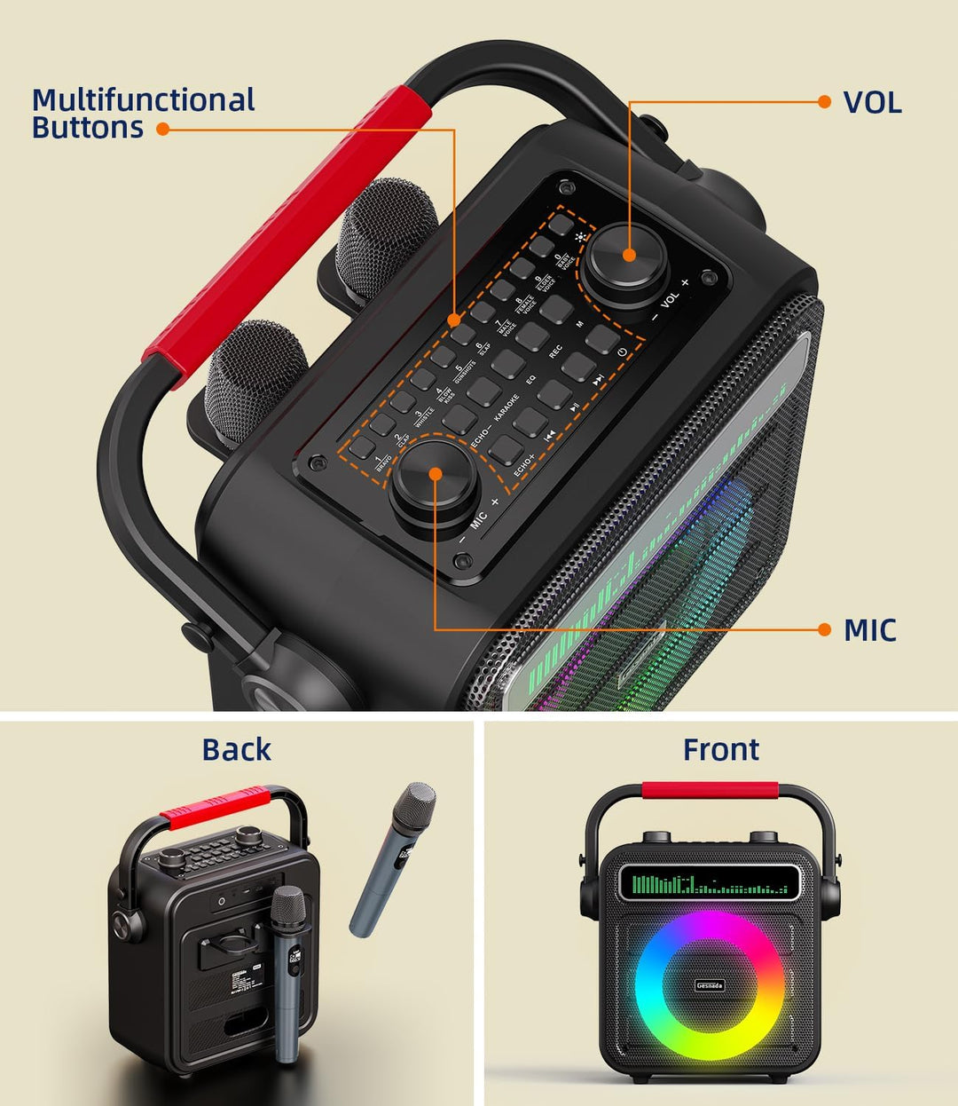 Karaoke Maschine für Erwachsene – Tragbare Anlage mit 2 Mikrofonen, Bluetooth/TF/USB/AUX/TWS, Lautsp