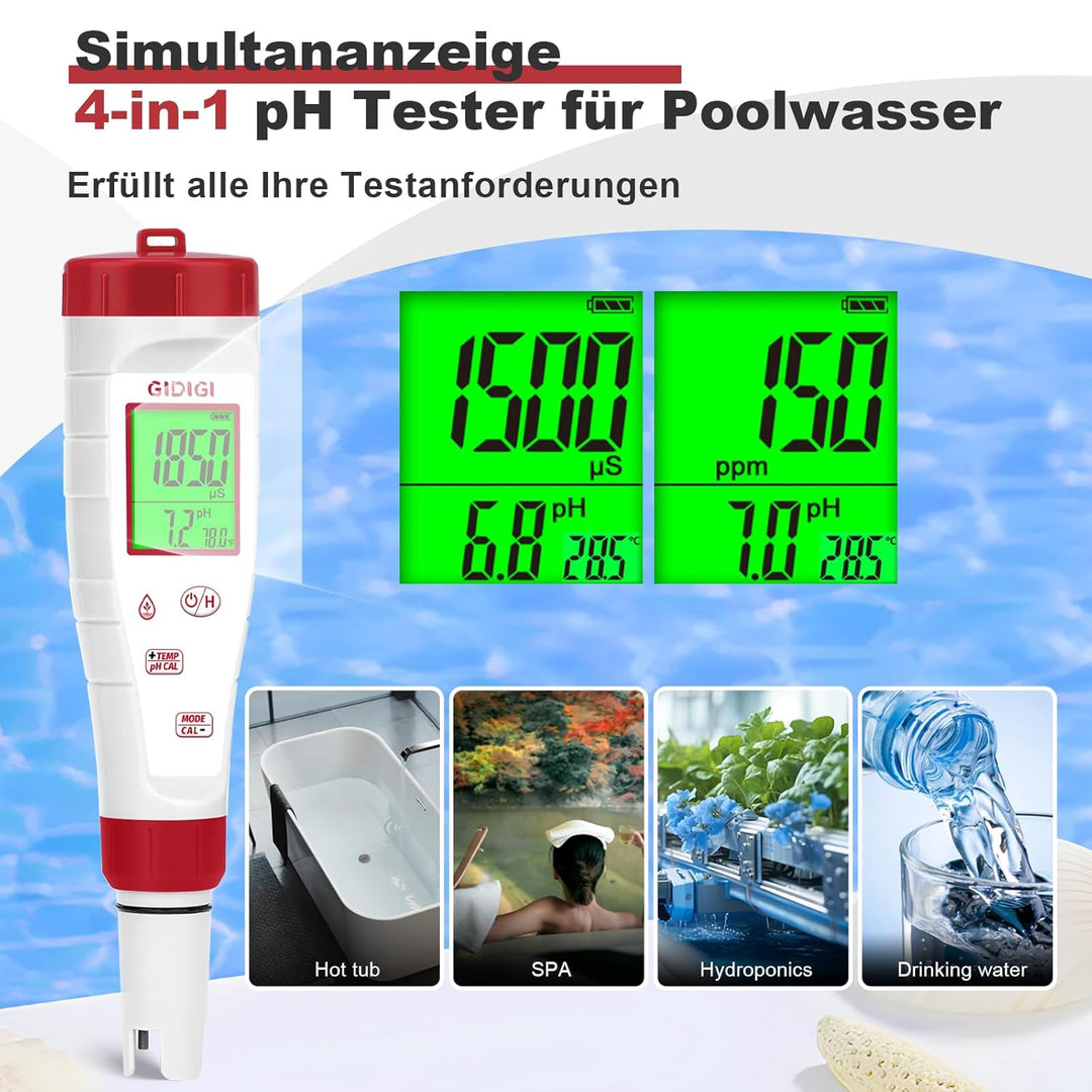Digitales pH Messgerät für Wasser, TDS Tester für Trinkwasser, 4-in-1 pH TDS und EC Messgerät für Hy