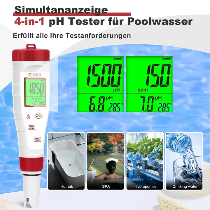 Digitales pH Messgerät für Wasser, TDS Tester für Trinkwasser, 4-in-1 pH TDS und EC Messgerät für Hy