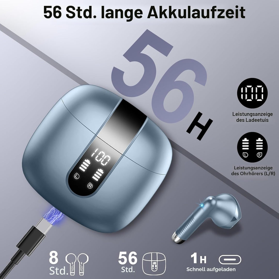 Bluetooth 5.3 Kopfhörer, In Ear Kopfhörer Kabellos mit 4 Mic, 48H Tiefer Bass Spielzeit Wireless Ear