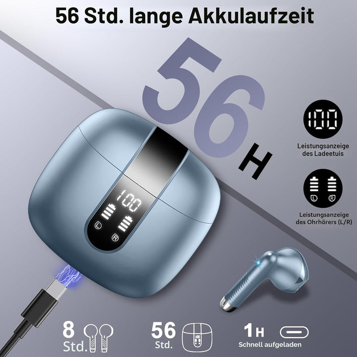 Bluetooth 5.3 Kopfhörer, In Ear Kopfhörer Kabellos mit 4 Mic, 48H Tiefer Bass Spielzeit Wireless Ear
