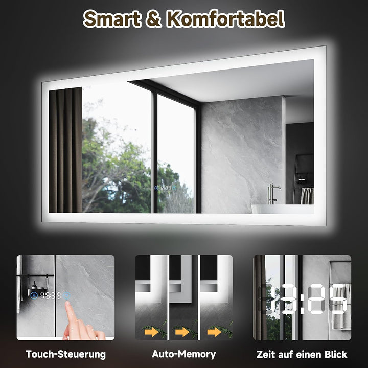 SONNI LED Badspiegel 120x60 cm, Touchschalter mit Uhr & Temperatur, 3 Lichtfarben für Make-up, Antib