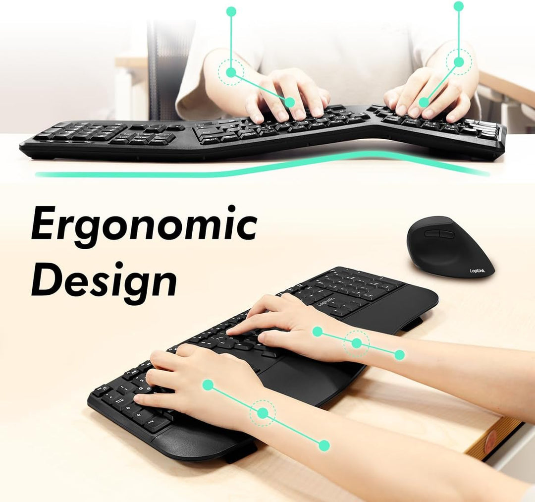 LogiLink Ergonomisches Funk-Tastatur-Maus-Set mit geteilter Tastatur (mit 13 Multimedia Keys)