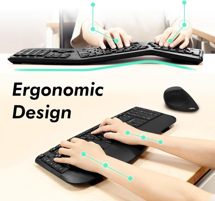 LogiLink Ergonomisches Funk-Tastatur-Maus-Set mit geteilter Tastatur (mit 13 Multimedia Keys)