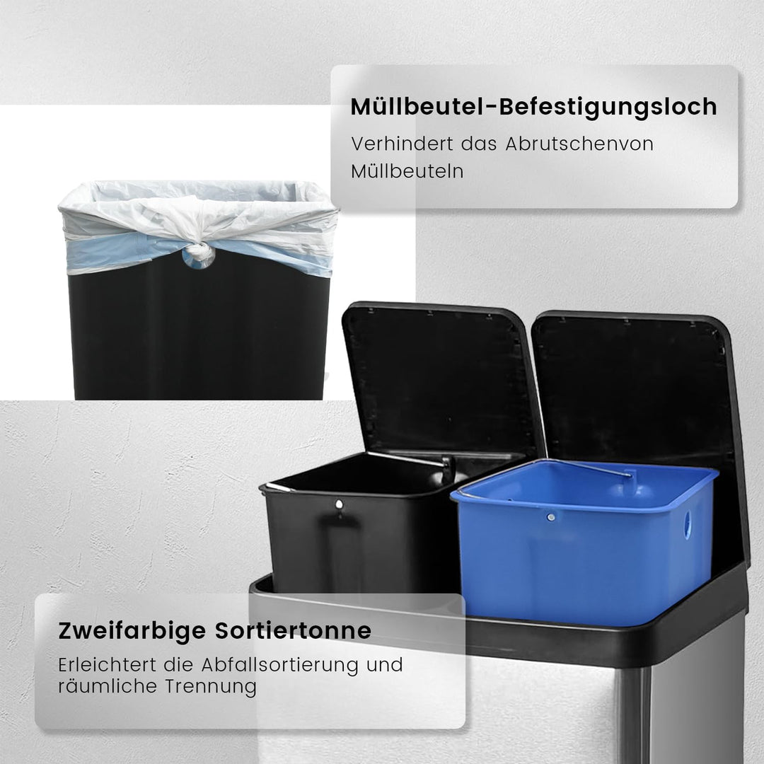 Mülleimer Küche 60l, 2x30L Mülltrennsystem, Tretmülleimer, Silber | Mülleimer 2 Fächer, Edelstahl, H