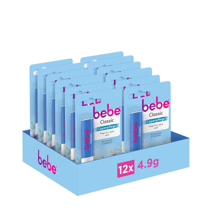 bebe Classic Lippenpflege (12 x 4,9 g), Lippenpflegestift mit Avocadoöl & Sheabutter, pflegt die Lip