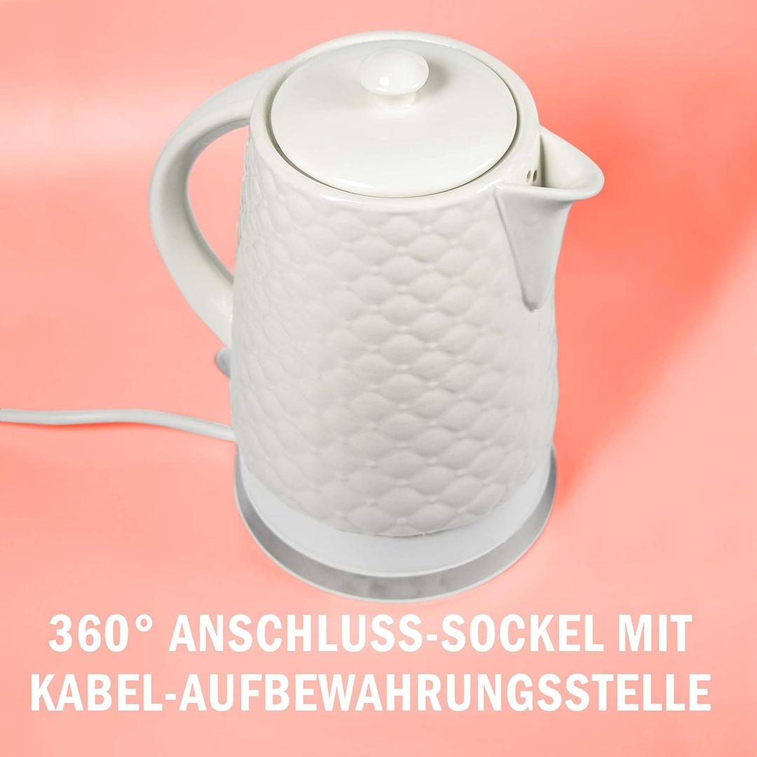 KVOTA Elektrischer Keramik Wasserkocher, Teekessel 1,8 L, 1500-1600W, Gesteppt-Design, weiss, abnehm