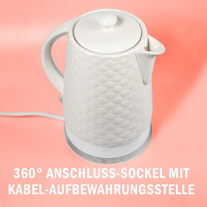 KVOTA Elektrischer Keramik Wasserkocher, Teekessel 1,8 L, 1500-1600W, Gesteppt-Design, weiss, abnehm