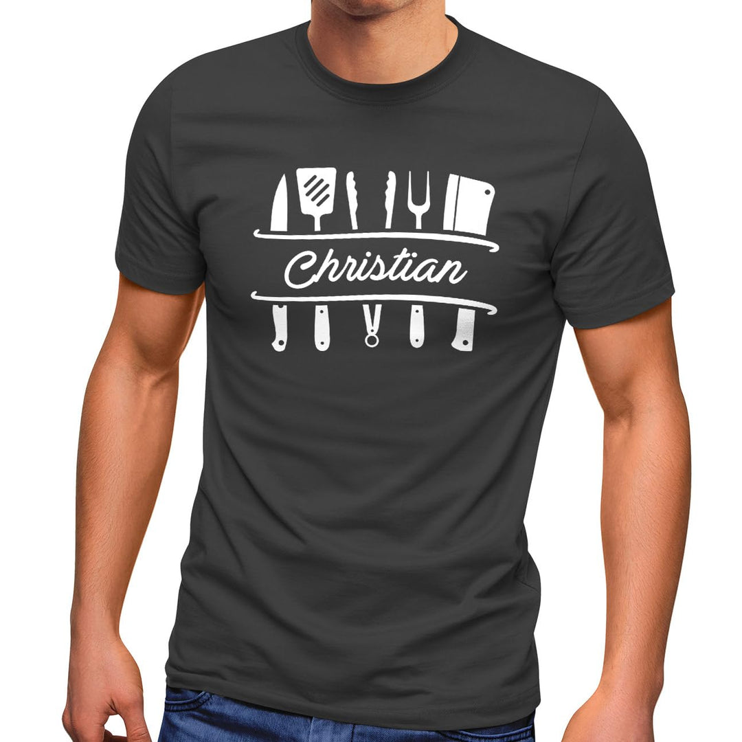 MoonWorks® Herren T-Shirt Grillen personalisiert eigener Name Grillbesteck Geburtstag Geschenk für M